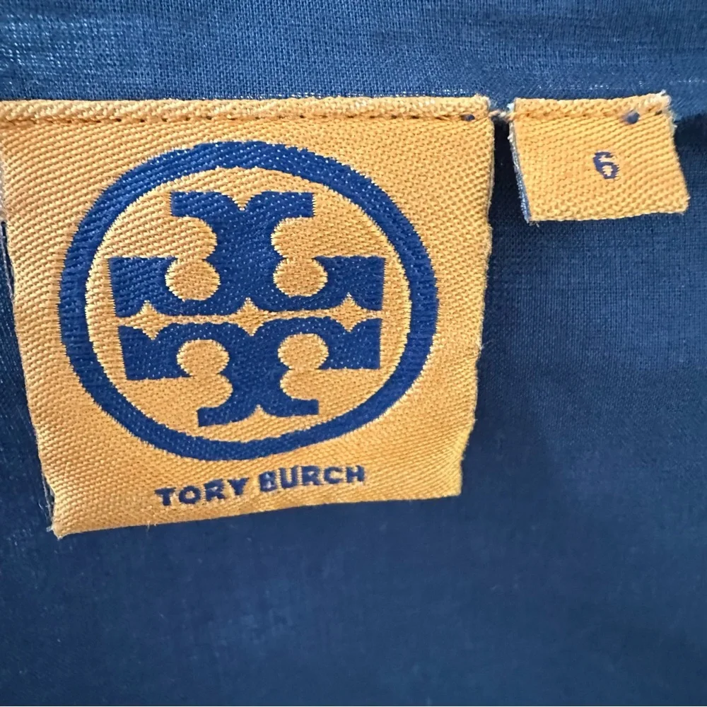 TORY‎ BURCH Linen Dress Navy Blue White Appliqué Eyelet Resort Coastal Chic Sz 6